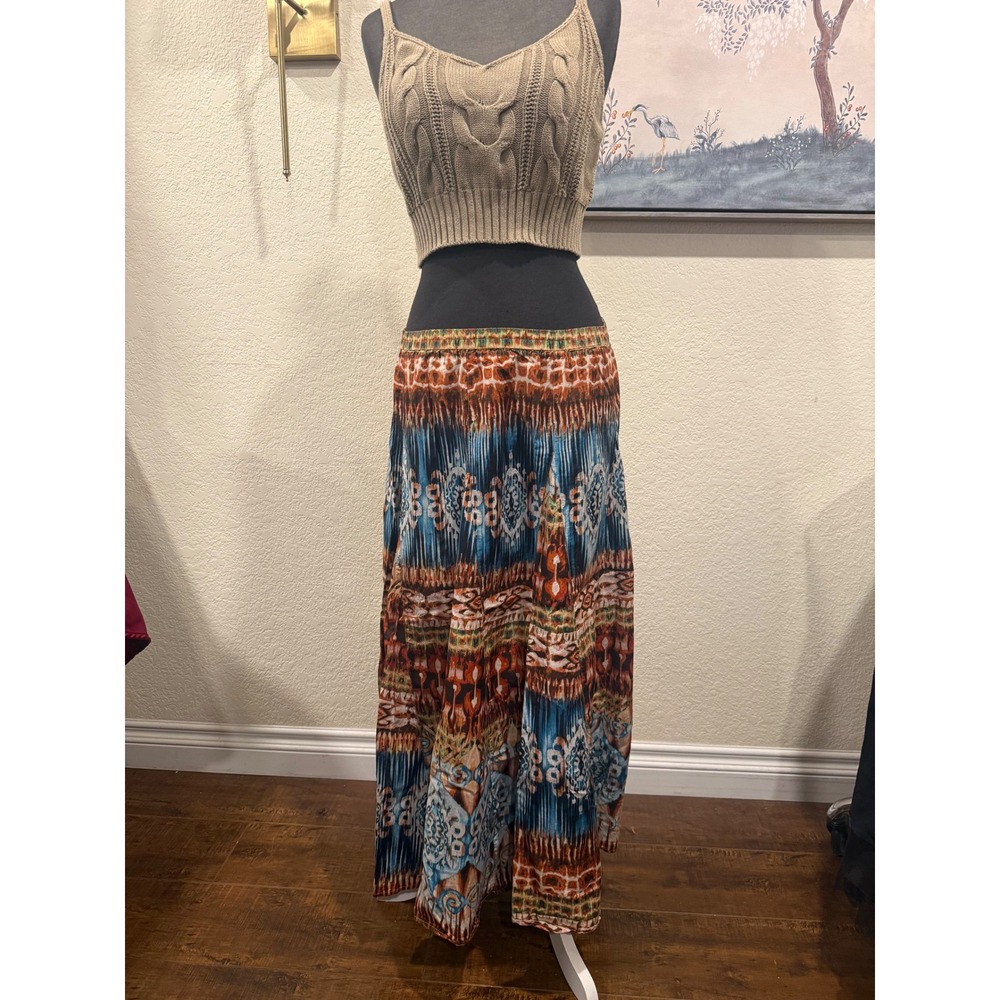 Chicos Silk Blend Ikat Maxi Skirt Blue Orange Medallion Print‎